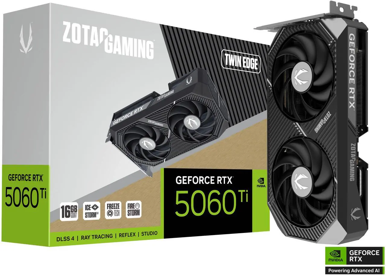 14-500-610-09 ZOTAC GAMING GeForce RTX 5060 Ti 16GB GDDR7 Twin Edge GPU – PCIe 5.0, DLSS 4, IceStorm 2.0 Cooling, 2572 MHz Boost, Compact Design | Black | 1 YEAR WARRANTY - Image 1