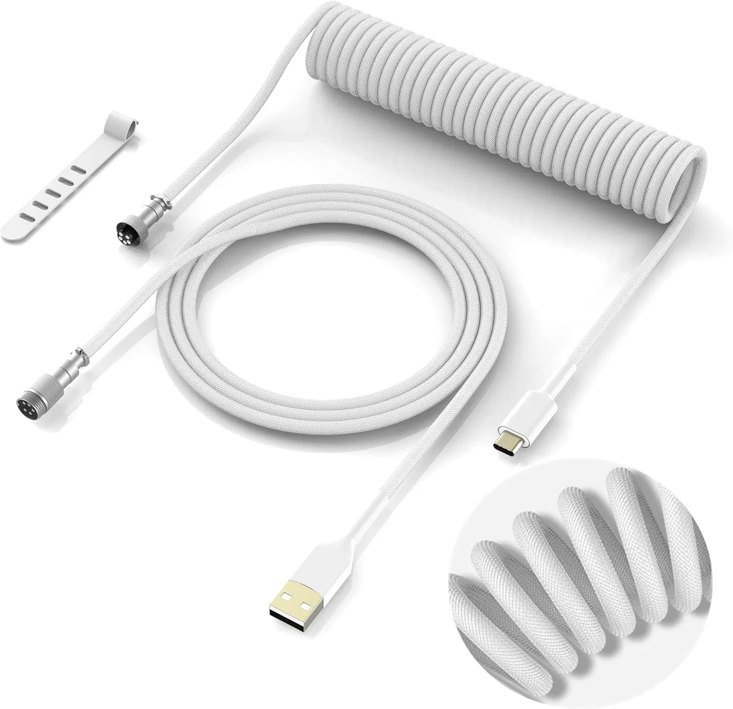 Coiled Keyboard Cable Type-A to Type-C White | Detachable Aviator Connector, Braided Nylon, High-Speed USB-C, Durable, Tangle-Free, Ideal for Mechanical Keyboards