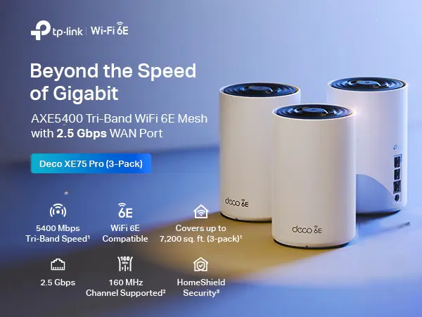 254KKAZ TPLINK DECO XE75 PRO AXE5400 V3 Tri-Band Mesh Wi-Fi 6E System (3-Pack), 2.5G Port, 6GHz, AI Mesh, Up to 7200 ft² Coverage, Connect 200 Devices, HomeShield Security - Image 1
