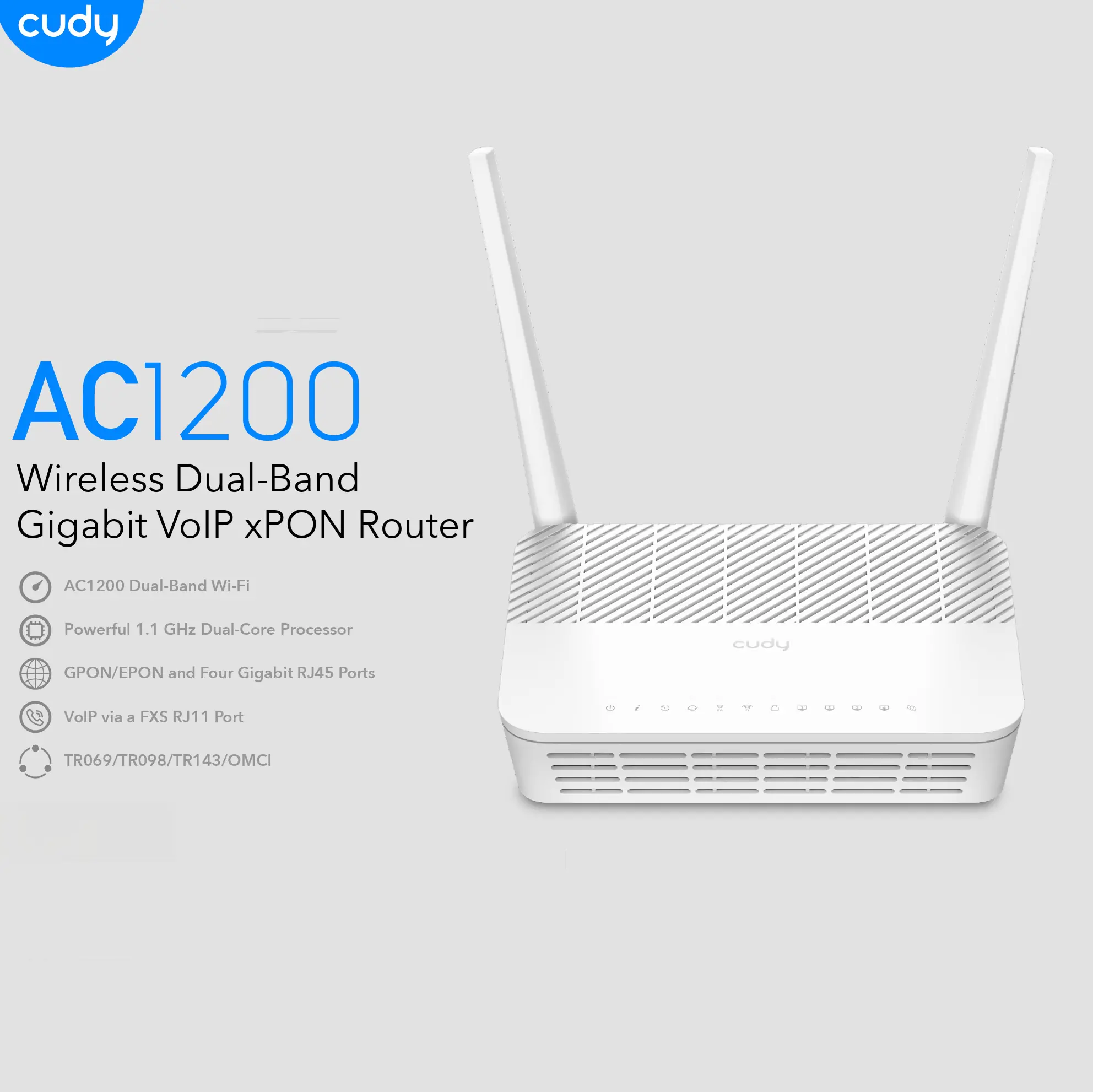 Cudy GP1200 AC1200 xPON Fiber Router | Dual-Band Wi-Fi 5 | GPON/EPON | 4× Gigabit Ports | EasyMesh | IPTV | 1.15GHz CPU | TR069/OMCI | Up to 2.48 Gbps Fiber
