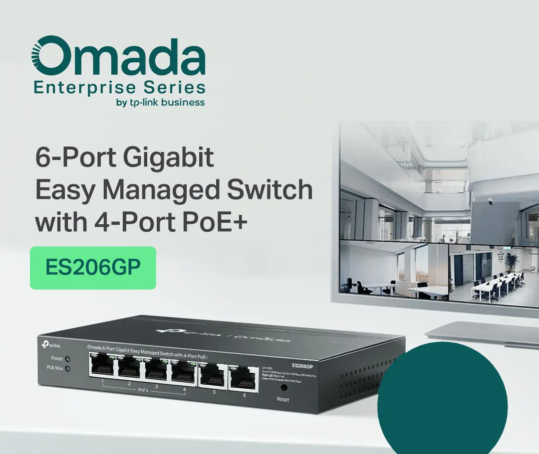 45HG TP-Link Omada ES206GP 6-Port Gigabit Easy Managed PoE+ Switch, 4 PoE+ Ports, 65W Budget, Fanless, Cloud Managed, VLAN, Port Isolation, PoE Auto Recovery, Up to 250m - Image 1