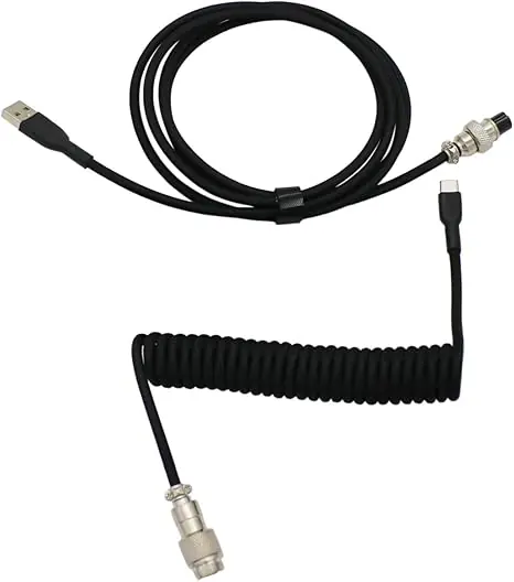 Coiled Cable – Type-A to Type-C, Braided, Detachable Aviator Connector, Plug & Play for USB-C | Black