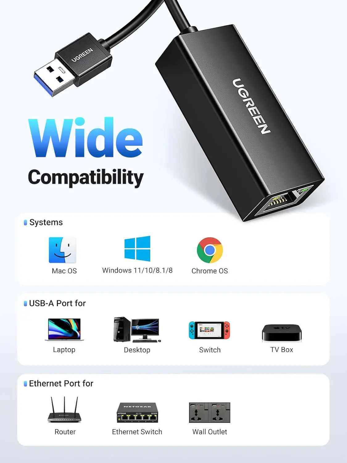 UGREEN USB 3.0 to Gigabit Ethernet Adapter – 1000Mbps LAN, Plug & Play, Driver-Free, Compatible with Nintendo Switch, MacBook, Windows, Linux, and More