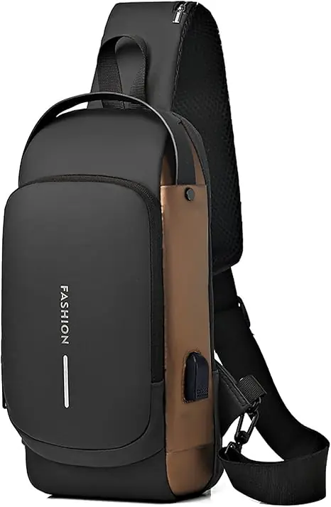 EZ EXP036 SLING BAG: Anti-Theft Lock, USB Port, Multi-Zone Storage, Reflective Safety Design, Water-Resistant Oxford Fabric – For Travel, Office, and Outdoor Use | GOLD-BLACK