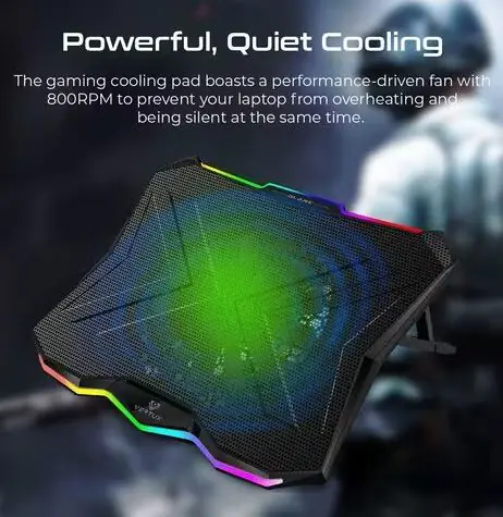 A3 Laptop Cooler – 1 Large 180mm Adjustable Fan, RGB, 400×300×26mm, Metal Mesh, Dual USB 2.0, 800 RPM, 63 CFM Airflow, ABS+Metal Construction