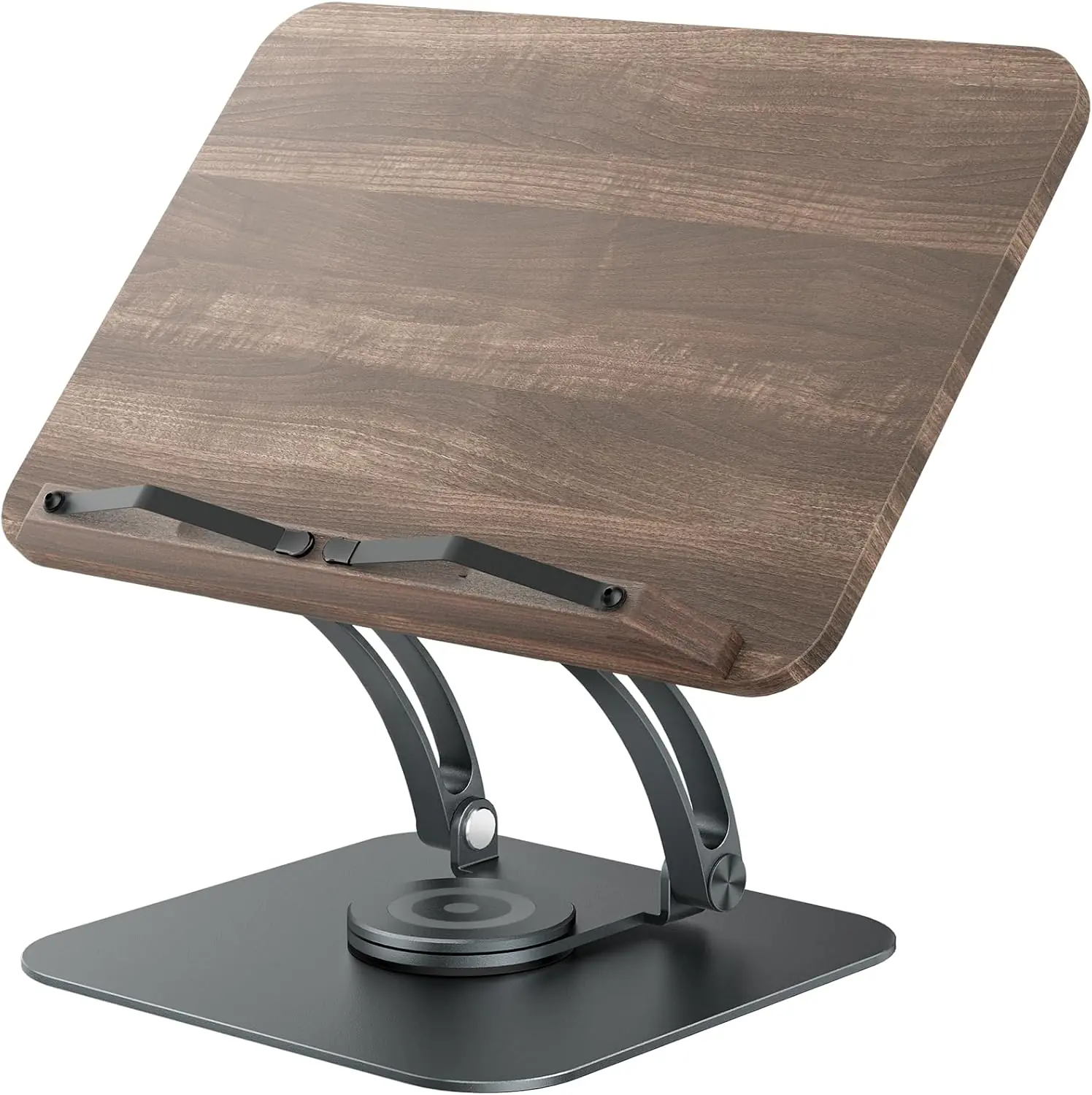 Reading B3 Stand – Foldable 360° Rotating Book/Laptop/Tablet Holder, Natural Rubber Wood & Aluminum, Height Adjustable, 10kg Load, Graphite Finish
