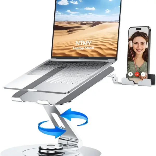 N87 Rotatable Ergonomic Laptop Stand with Phone Holder – Fits 9.7"-17", 360° Rotation, Foldable, Heat Dissipation, Heavy-Duty Base, Silver