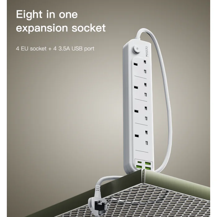 YESIDO MC21 8-in-1 Power Socket Hub – 3250W, 4 AC Outlets + 3 USB + 1 Type-C, 2M Cord – UK Standard, White