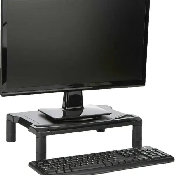 L35 Adjustable Tempered Glass Monitor Stand – Black, 3 Height Levels, Universal Riser for Monitors, Laptops & Office Devices (385mm Width)