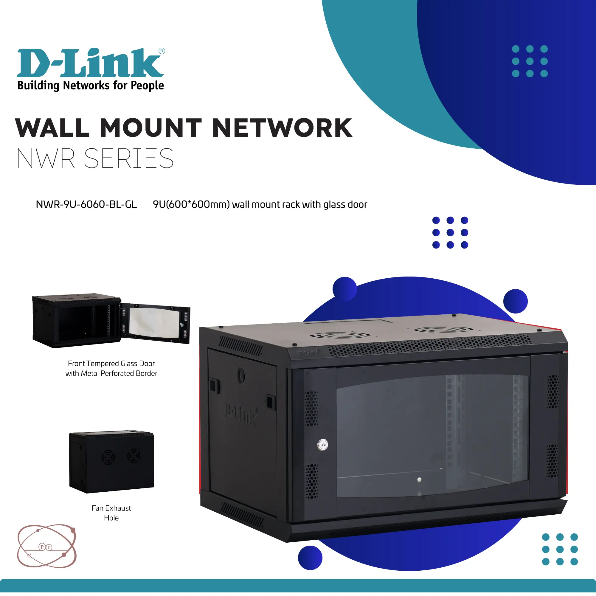 87yhtbb D-Link 9U 600x600mm Wall Mount Rack – Cabinet, Glass Door, 19" Mount, Lockable, Vented Top, Fan Unit, Cable Manager, Power Strip – Black - Image 1