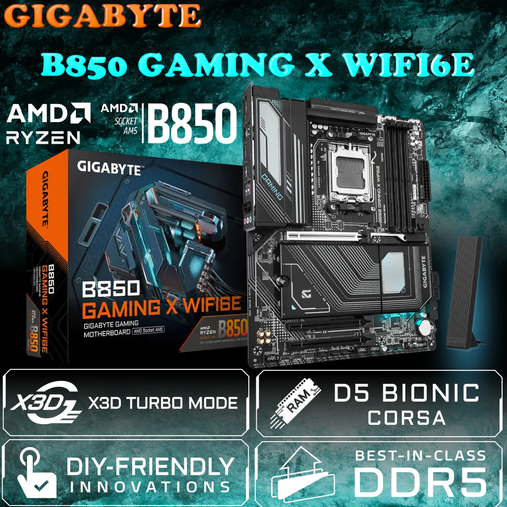 9MB85MG6-00-G10 GIGABYTE MOTHERBOARD B850 GAMING X WIFI6E Gigabyte B850 GAMING X WIFI6E AM5 ATX Motherboard With X3D Turbo Mode, DDR5 8200MT/s OC, PCIe 5.0, 12+2+2 VRM, 3x M.2, Wi-Fi 6E, 2.5GbE LAN, HDMI/DP, USB-C Gen2x2
