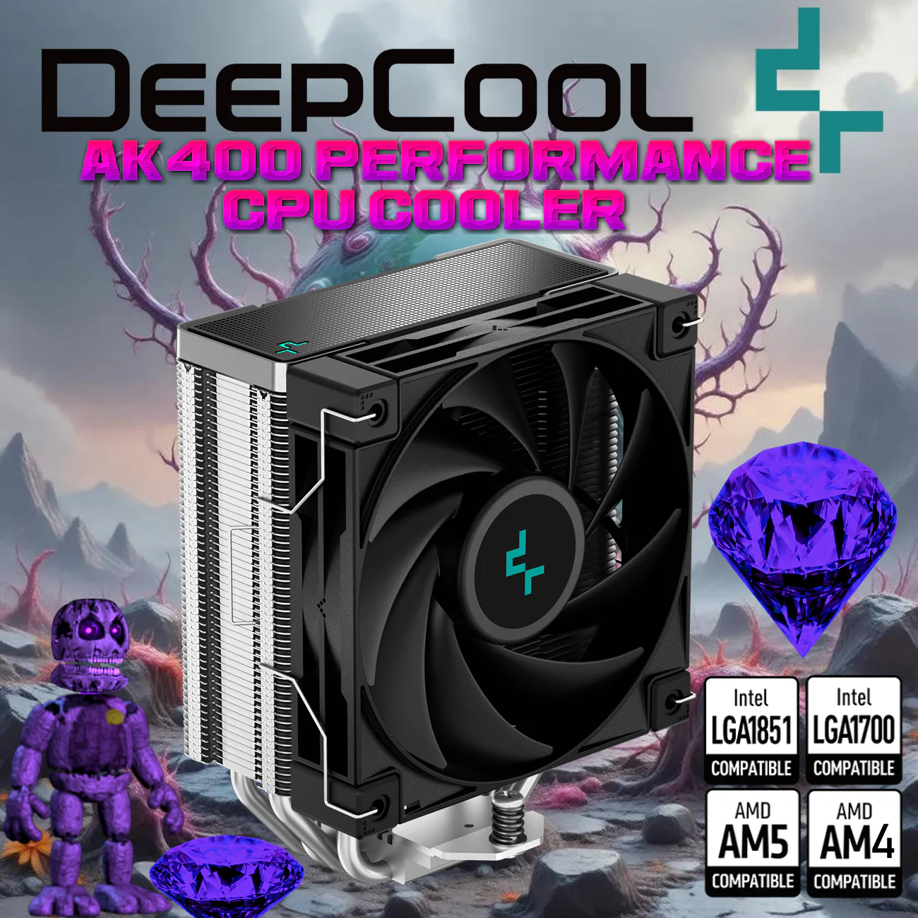 DEEP-COOLAK400Performance CPU Cooler-BK R-AK400-BKNNMN-G-1 DEEPCOOL AK400 AIR COOLER 1*FAN BLACK DeepCool AK400 Performance CPU Air Cooler, 4 Heatpipes, 120mm FDB PWM Fan, Core Touch Tech 2.0, ≤29dB Quiet Operation, Intel/AMD Support | Black