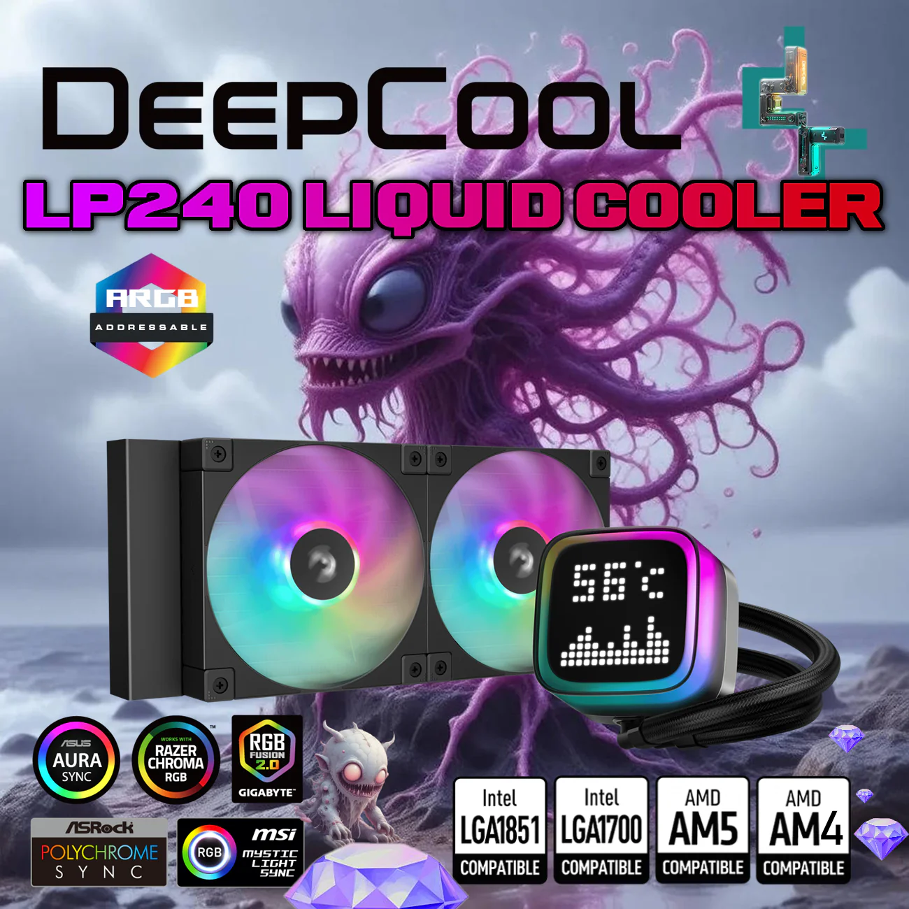 DEEPLP240COOL R-LP240-BKMSNC-G-1 DEEPCOOL LP240 LIQUID COOLER 2*FAN ARGB WITH LED DIGITAL DISPLAY BLACK DeepCool LP240 ARGB Liquid CPU Cooler With 5 Pro Pump, Dot-Matrix Display, Dual FD12 ARGB Fans, Anti-Leak Tech, 3400 RPM, Intel/AMD Support | Black