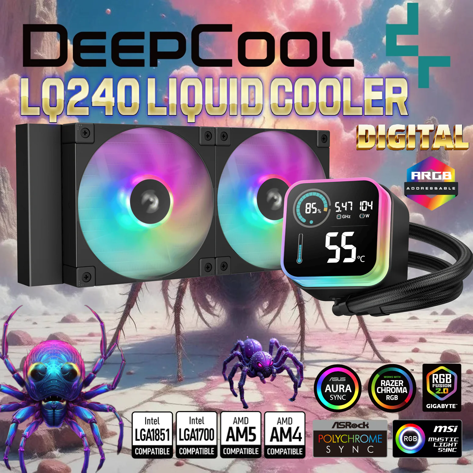 DEEP_COOLR-LQ240-BKLSMW-G-1-KJSYVJ R-LQ240-BKLSMW-G-1 DEEPCOOL LQ240 LIQUID COOLER 2*FAN ARGB WITH LED DIGITAL DISPLAY BLACK DeepCool LQ240 ARGB Liquid Cooler With Segment LCD Screen, 240mm Radiator, Dual FD12 Fans, 5 Pro Pump, Anti-Leak Tech, 3400 RPM, Intel/AMD Support | Black