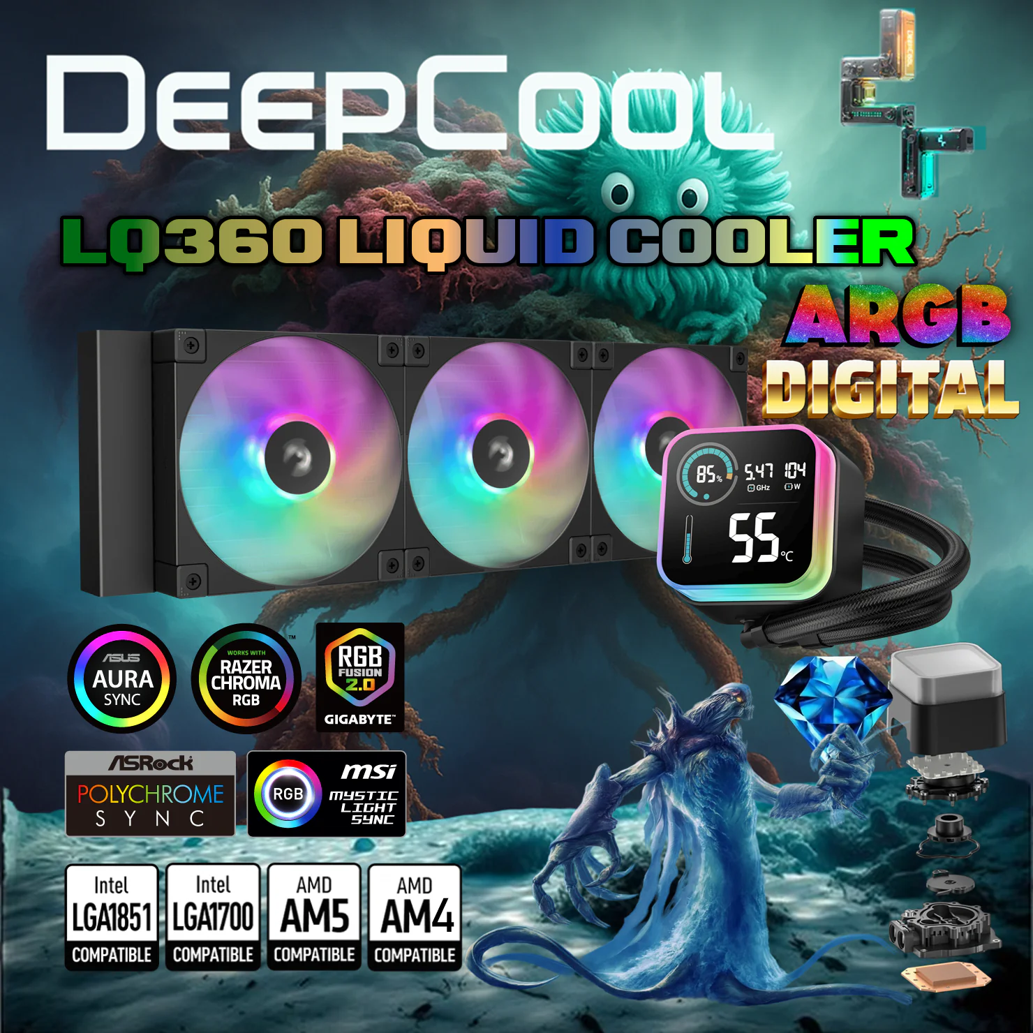 R-LQ360-BKLSMW-G-1 DEEPCOOL LQ360 LIQUID COOLER 3*FAN ARGB WITH LED DIGITAL DISPLAY BLACK DeepCool LQ360 ARGB Liquid Cooler With Segment LCD Screen, 360mm Radiator, Triple FD12 Fans, 5 Pro Pump, Anti-Leak Tech, 3400 RPM, Intel/AMD Support | Black