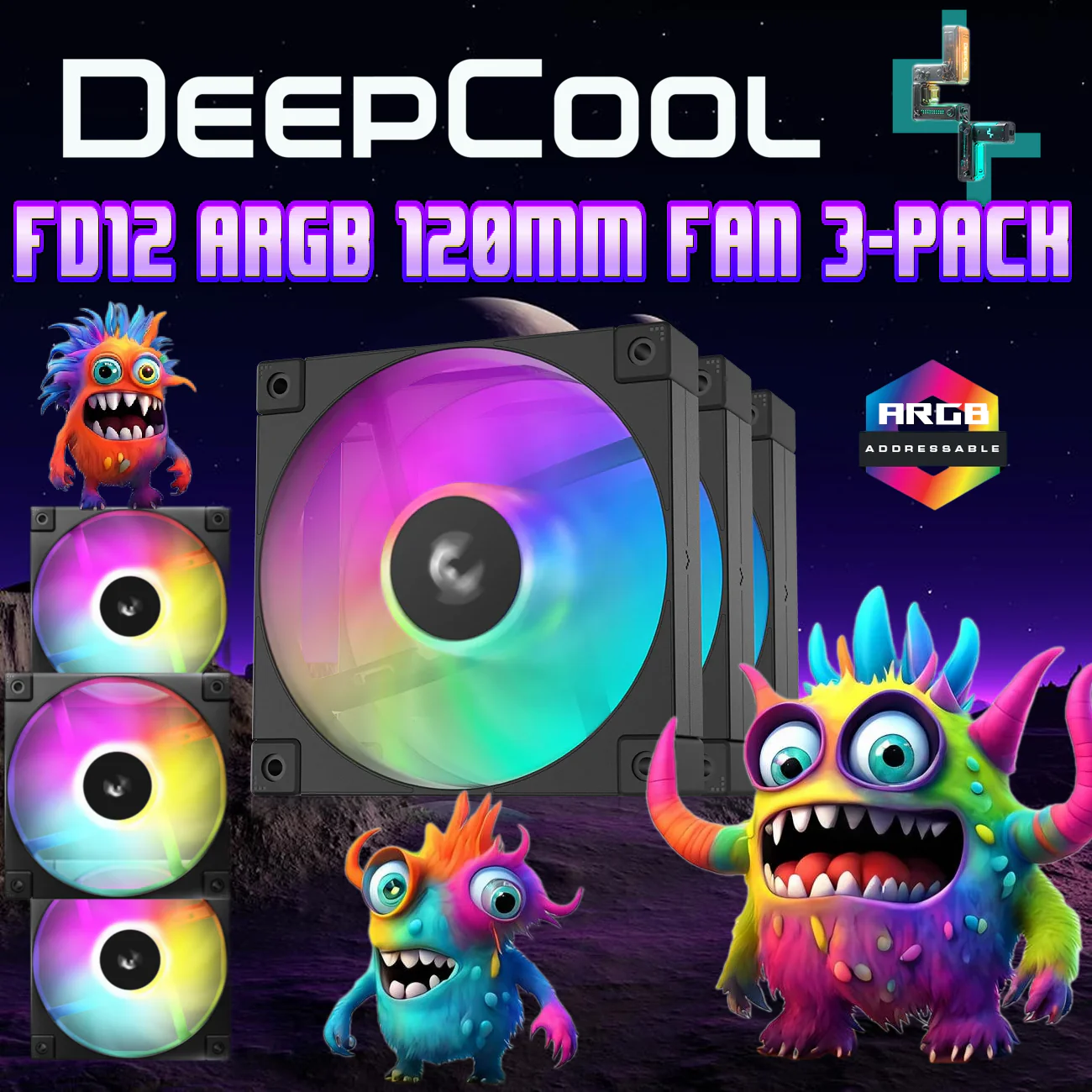 R-FD12-BKAPN3-G DEEPCOOL FAN FD12 ARGB 3IN1 120×120×25 mm 3-PIN 5V - BLACK DeepCool FD12 ARGB 120mm Fan 3-Pack with Daisy Chain 8-Pin Cable, PWM Control, 63.6 CFM Airflow, Gen 2 Addressable RGB, Quiet Hydraulic Bearings | BLACK