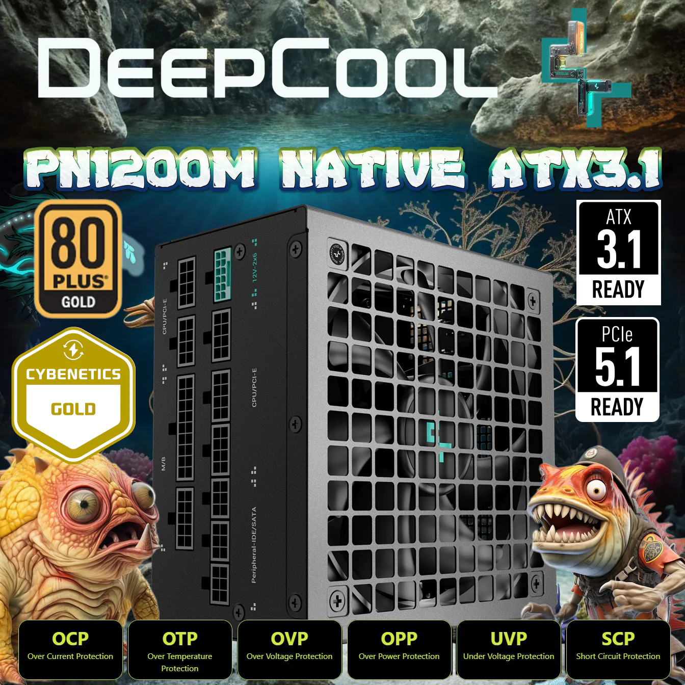 DeepCool-BfgjMANDER R-PNC00M-FC0B-EU DEEPCOOL PSU PN1200M ATX12V V3.1 80PLUS GOLD 1200W F.MODULAR BLACK DeepCool PN1200M ATX 3.1 1200W Power Supply, 80 Plus Gold, Cybernetics Gold PCIe 5.1 12V-2x6 Cable, Fully Sleeved Cables, 135mm FDB Fan, Japanese Capacitor | BLACK