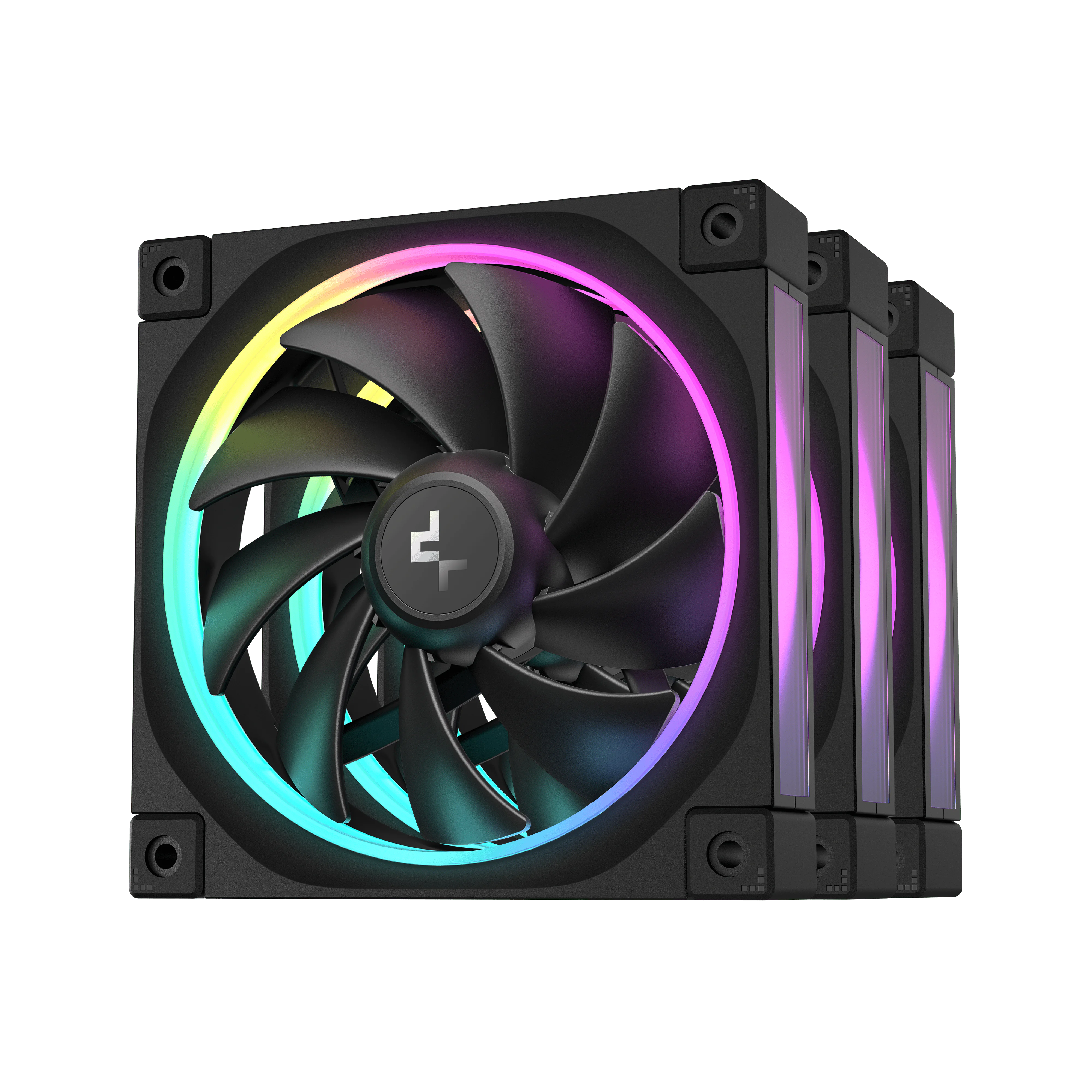 FL12-3 IN 1- (1) R-FL12-BKAPN3-G DEEPCOOL FAN FL12 ARGB 3IN1 120×120×25 mm 3-PIN 5V - BLACK DeepCool FL12-3 IN 1 ARGB PWM Fan Kit, 120mm x3, 500–2150 RPM, 55 CFM, ≤32 dB, Fluid Dynamic Bearing, 36 Gen2 LEDs, PBT Frame, 8-Pin Daisy Chain, Anti-Vibration Pads | BLACK