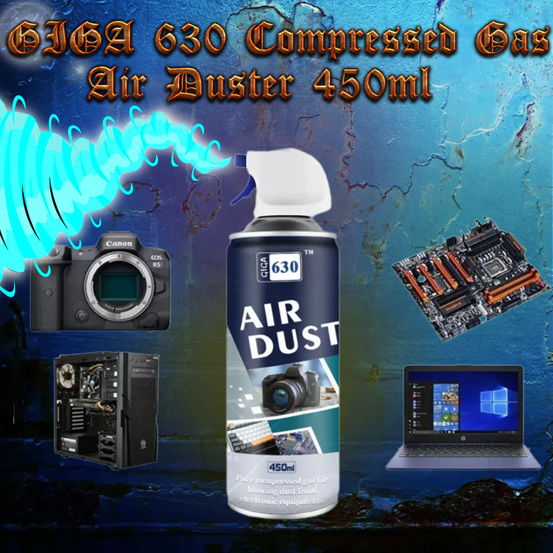 GIGA-630 GIGA 630 AIR DUSTER 450ML PURE COMPRESSED GAS GIGA 630 AIR DUSTER Disposable Compressed Air Can - 450ml Cleaner for Sensitive Electronics - Secure Formulation - Delicate Cleansing via High-Pressure Air Blasting 
