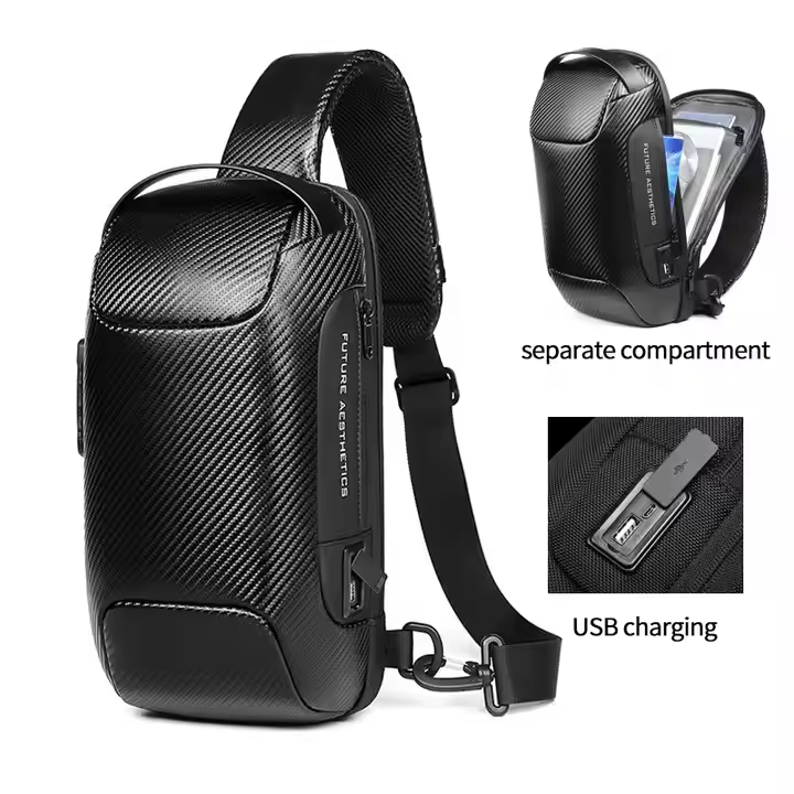 EZ EXP035 SLING BAG: Waterproof Carbon Fiber Build, Anti-Theft Lock, USB Port, Multi-Compartment Design, Fits 7.9" iPad – Ideal for Hiking, Travel & Daily Use | BLACK