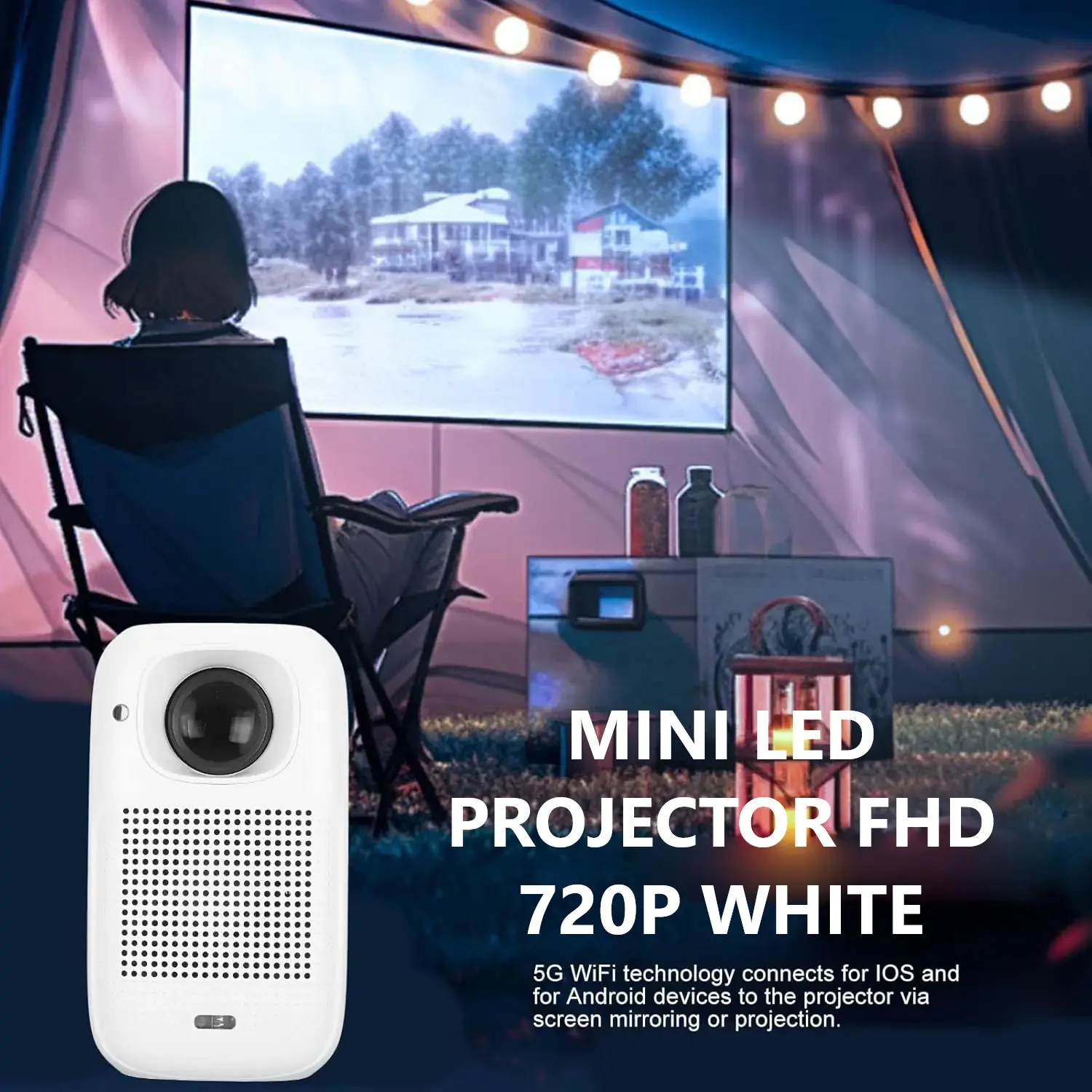 H55 Mini LED Smart Projector – 720P Full HD, Auto Focus, Auto Keystone, Android OS, Full-Sealed Optical Engine – White - Image 1
