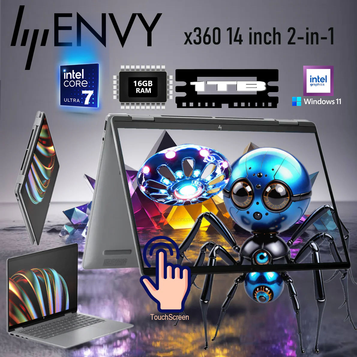 HP ENVY x360 14 inch Ultra 7 9T8G4UA#ABA HP 14-FC0023DX ENVY 2IN1 UTLRA 7 16GB/1TB/14"TS HP ENVY x360 14 inch 2-in-1 Intel® Core™ Ultra 7 155U | 16GB DDR5 RAM , 1TB NVMe™ SSD | 14” WUXGA IPS Touchscreen | Backlit Keyboard | Windows 11 | SILVER 14-fc0023dx