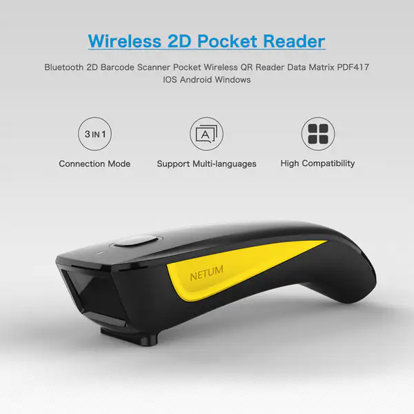 Hee00e1a082f44ead97168e38ce5af73bK NETUM 2D Wireless Barcode Scanner – Bluetooth, 2.4G & USB Wired, CMOS Sensor, QR/1D/2D Compatible, 1200mAh Battery, 3 Modes, Offline Storage - Image 1