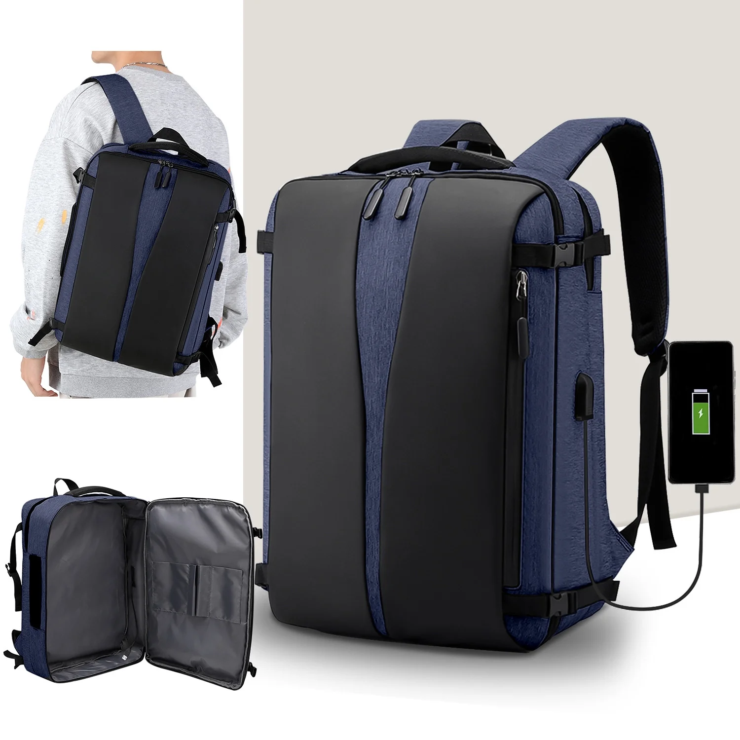 EZ W082 15.6" Anti-Theft Backpack with USB Charging Port – Blue Oxford Laptop Bag with Reflective Strip & Fire-Resistant Design