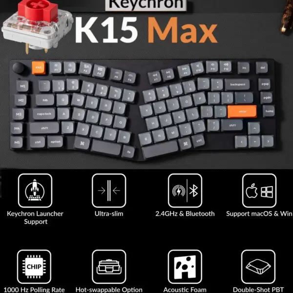 K15M-A1 KEYCHRON K15 MAX GATERON WHITE BACKLIT \ RED SWT \ WIRELESS BLACK MECHAN KB Keychron K15 Max Alice Layout QMK Wireless Mechanical Keyboard With White Backlight, Low-Profile Gateron RED Switches, Ergonomic 75% Layout, Triple Connectivity, Non-Hot-Swappable | K15M-A1
