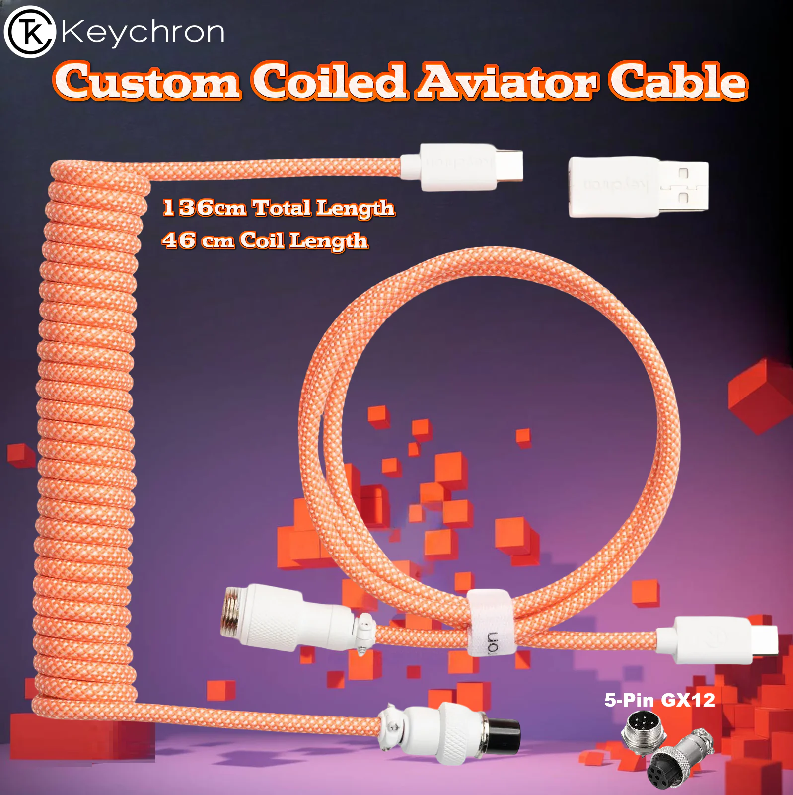 KEYCHRO-CAB-14+PINKO KEYCHRONE CABLE PREMIUM COILED TYPE C PINK ORANGE Keychron Custom Coiled Aviator Cable With Straight Connector, 136cm Total Length, Detachable 5-Pin GX12 Port, USB Type-C Compatibility, Durable Nylon Braid | Orange Pink  