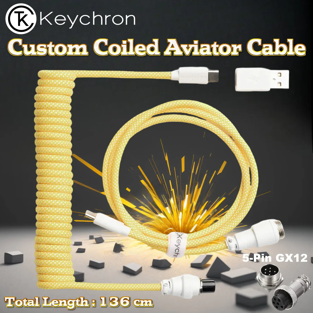 KEYCHRO-CAB-16-YELLO KEYCHRO-CAB-16-YELLO KEYCHRONE CABLE PREMIUM COILED TYPE C YELLOW Keychron Custom Coiled Aviator Cable With Straight Connector, 136cm Total Length, Detachable 5-Pin GX12 Port, USB Type-C Compatibility, Durable Nylon Braid | YELLOW