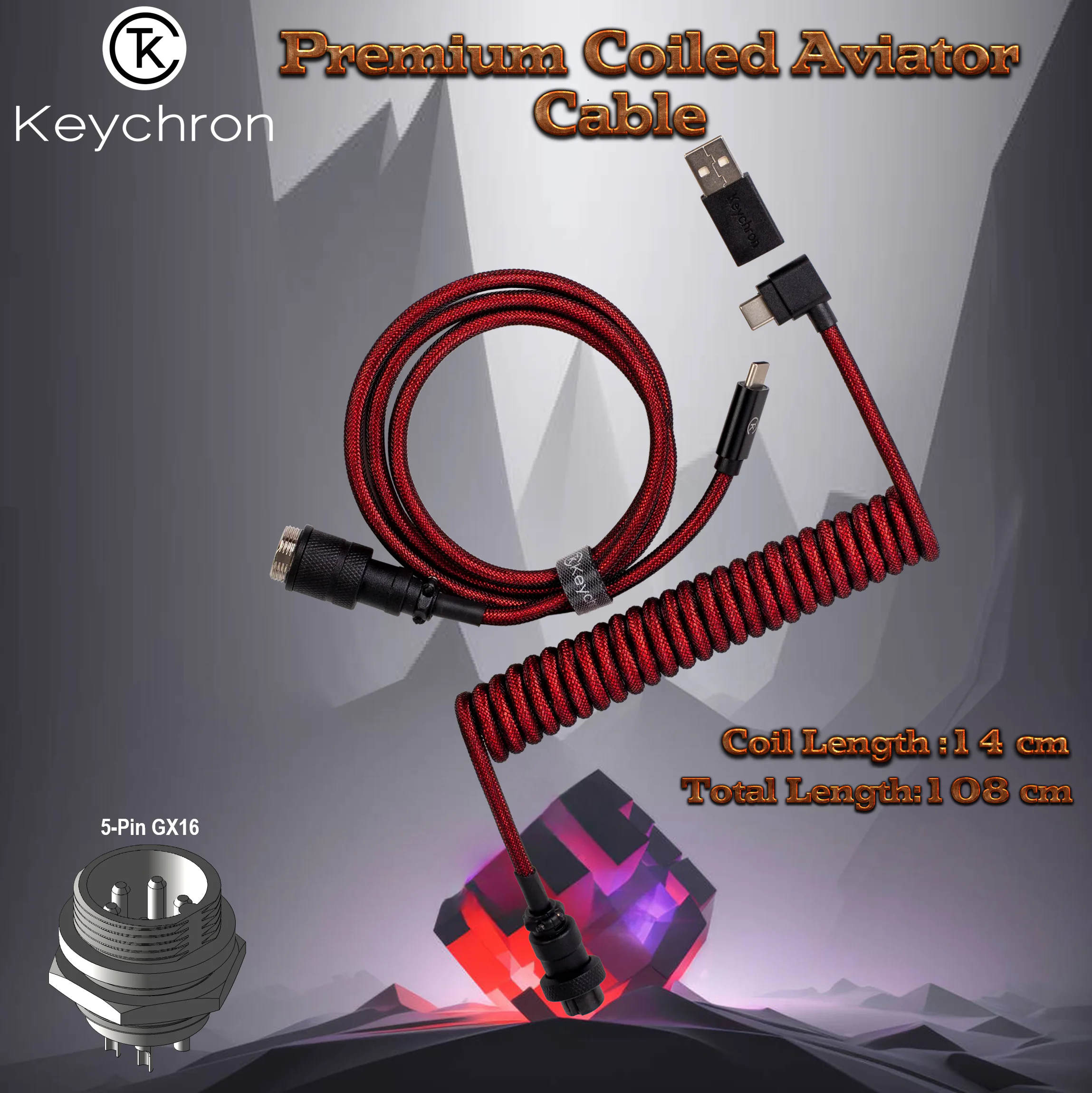 KEYCHRO-CAB-4-RED KEYCHRONE CABLE PREMIUM COILED TYPE C ANGLE RED Keychron Premium Coiled Aviator Cable With Angled Connector, Type-C Compatibility, 108cm Total Length, Detachable 5-Pin GX16 Aviator Port, Durable Nylon-Braided Design