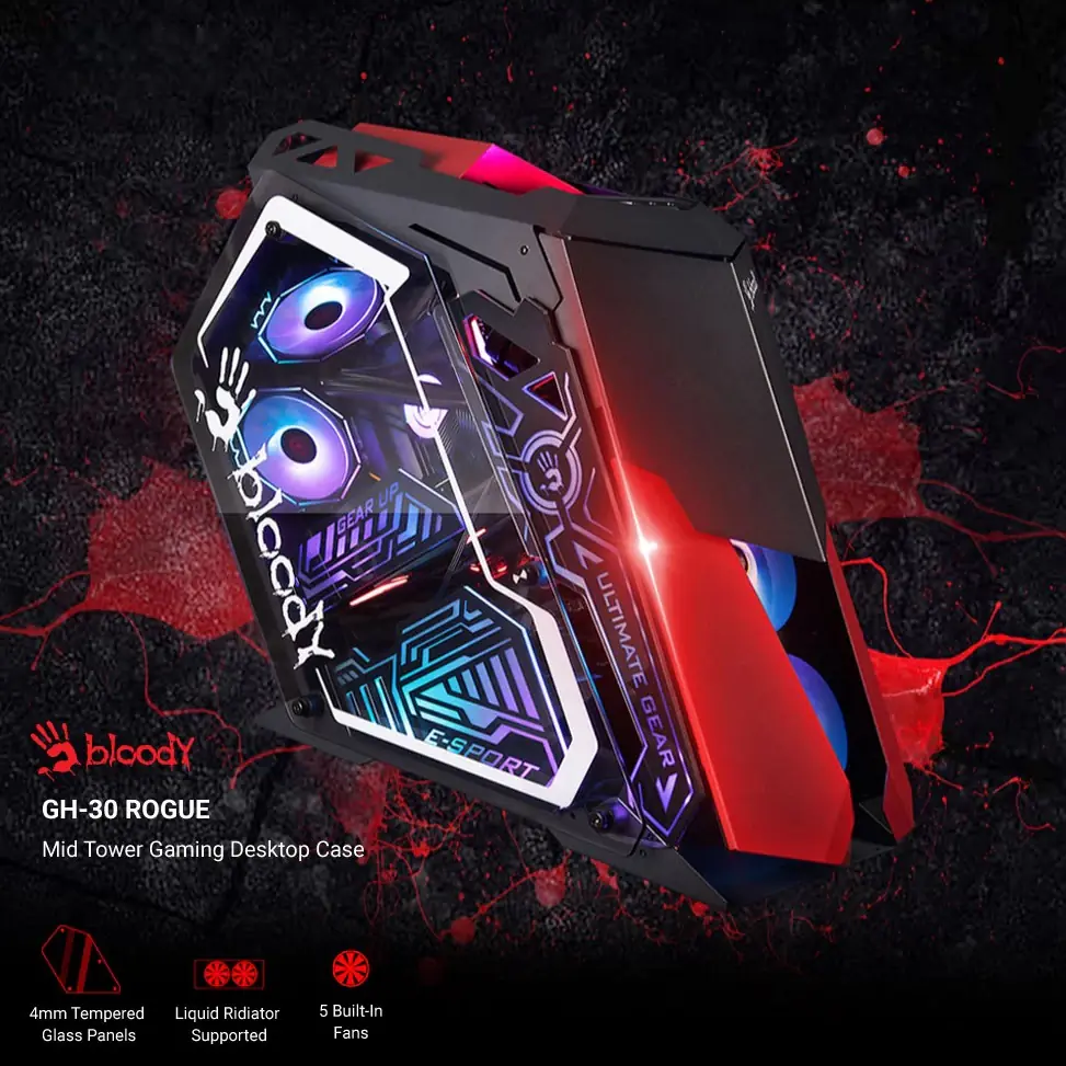 KKJR76839DW BLOODY GH-30 Rogue ATX Gaming Case – Tempered Glass, 5 Pre-Installed RGB Fans, USB 3.0, Liquid Radiator Support, Up to 7 Fans - Image 1