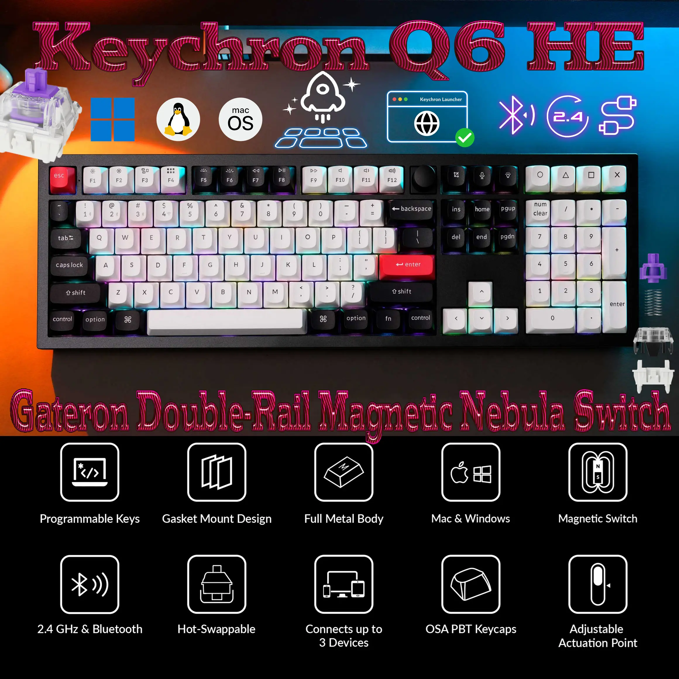 Keychron-Q6-HE-Wireless-QMK-Custom-Magnetic-Switch-Keyboard1 Q6H-M1 KEYCHRON Q6 HE SWAPPABLE RGB BACKLIT \ NEBULA SWT \ WIRELESS KNOB BLACK MECHAN KB Keychron Q6 HE QMK Wireless Custom Keyboard With Gateron Double-Rail Magnetic Nebula Switches, Full-Size Layout, Aluminum Body, Rapid Trigger, RGB, And 1000Hz Polling Rate , Hot-Swappable Programmable , Mac/Win Keycaps Set | Carbon Black Q6H-M1