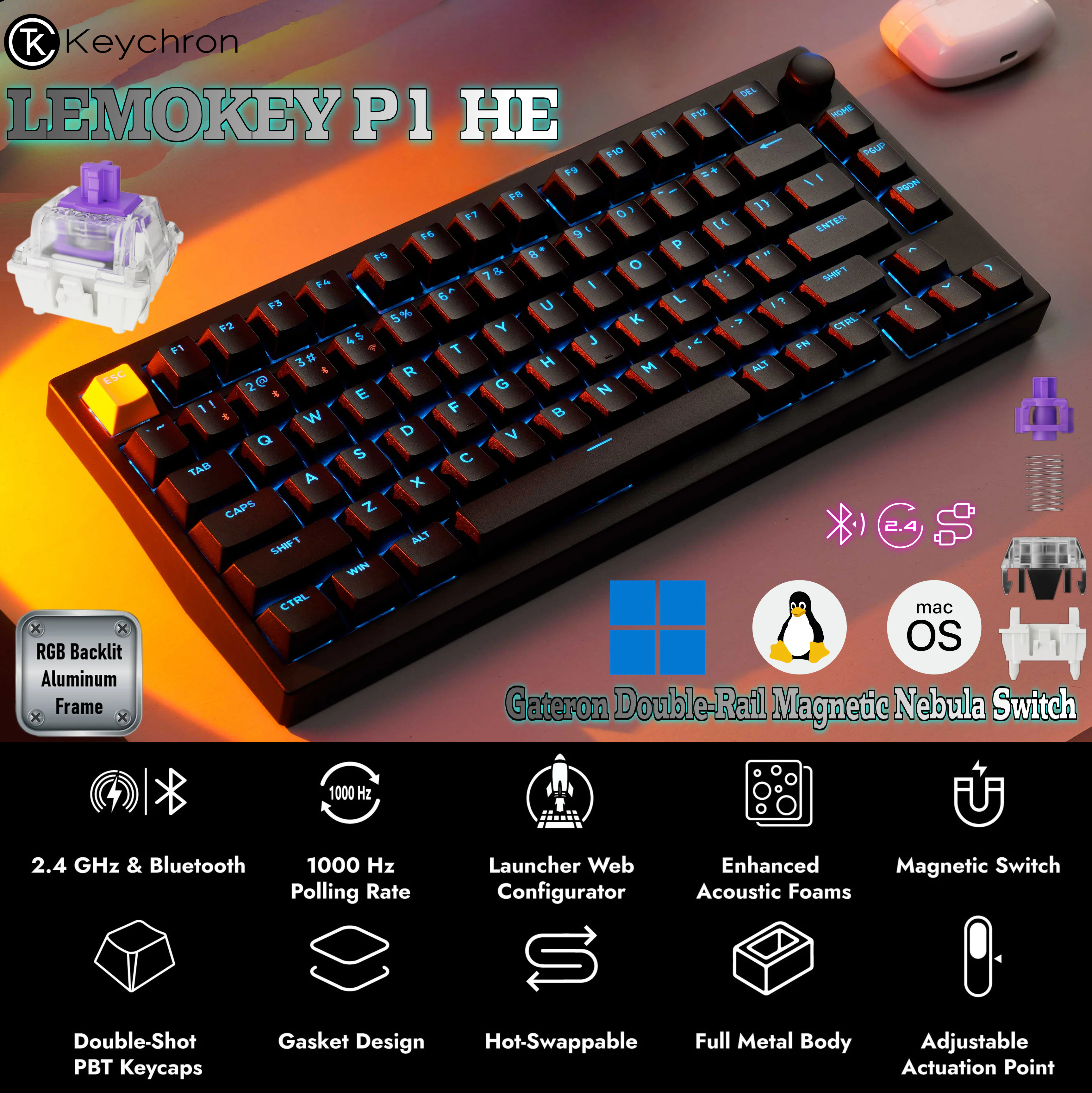 Lemokey-P1-HE-Wireless-Magnetic-Switch-Custom-Gaming-Keyboard-Shine-Through-Keycap-Black-Frame-Version-image2 (1) P1H-M1 KEYCHRON P1 HE SWAPPABLE WIRELESS RGB BACKLIGHT NEBULA SWITCH KNOB VERSION KEYBOARD BLACK Lemokey P1 HE Wireless Magnetic Switch Custom Gaming Keyboard, SKU: P1H-M1 , Fully Assembled Knob (Shine Through) ,  Gateron Double-Rail Magnetic Nebula Switch KEYCHRON Lemokey P1 HE Wireless Magnetic Switch Custom Gaming Keyboard With Knob, Tri-Mode Connectivity, Shine-Through RGB PBT Keycaps, Gateron Double-Rail Magnetic Nebula Switch, 1000Hz Four-in-One Key Action , Analog Mode, Full metal body, Mirror-polished rear | P1H-M1