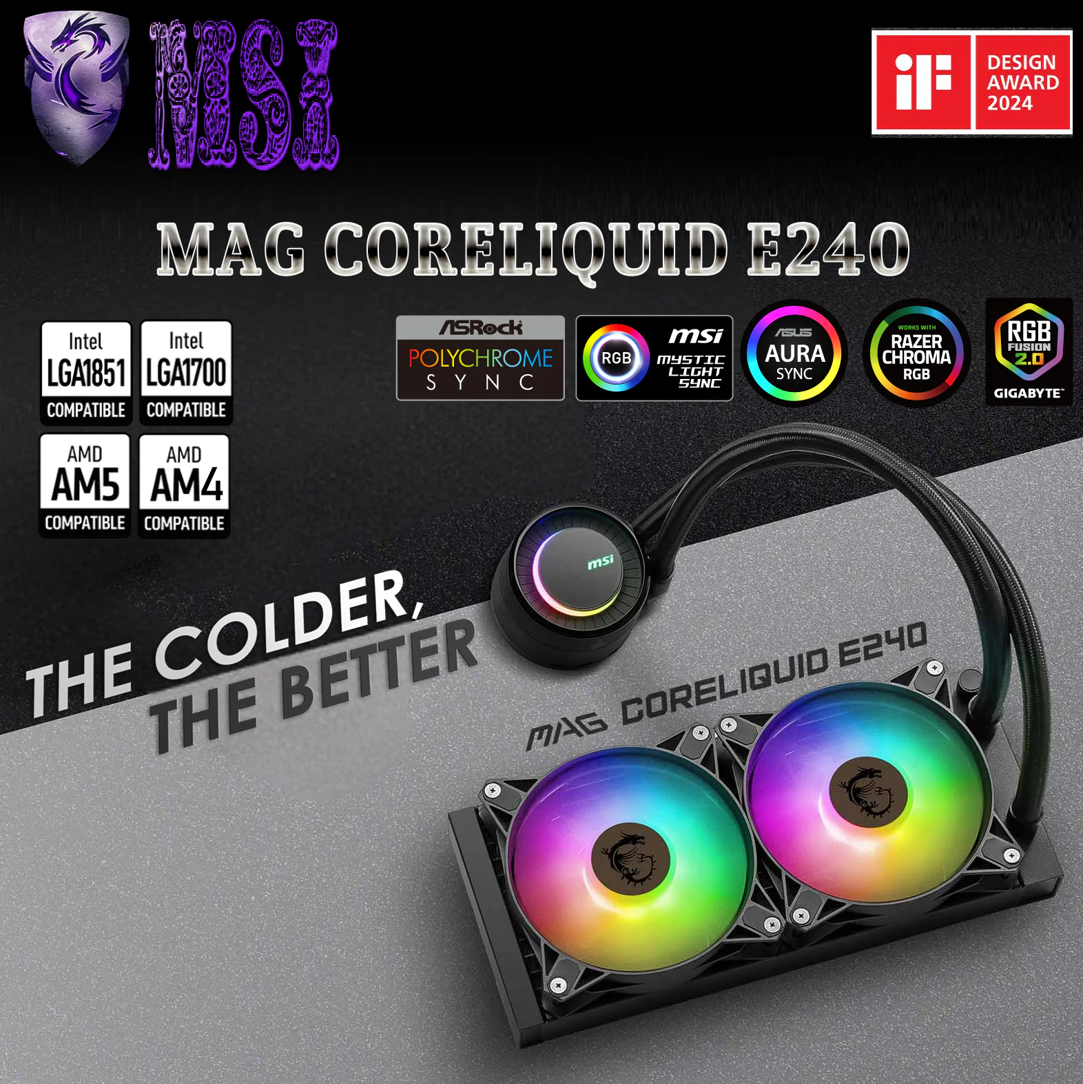 306-7ZW5E51-C24 MSI MAG CORELIQUID E240 RGB BLACK 240MM MSI MAG CORELIQUID E240 AIO Liquid Cooler – 240mm Radiator, ARGB Fans, Copper Cold Plate, Rotatable Blockhead, PWM Control, FDB Bearings, Intel/AMD Compatible | BLACK 