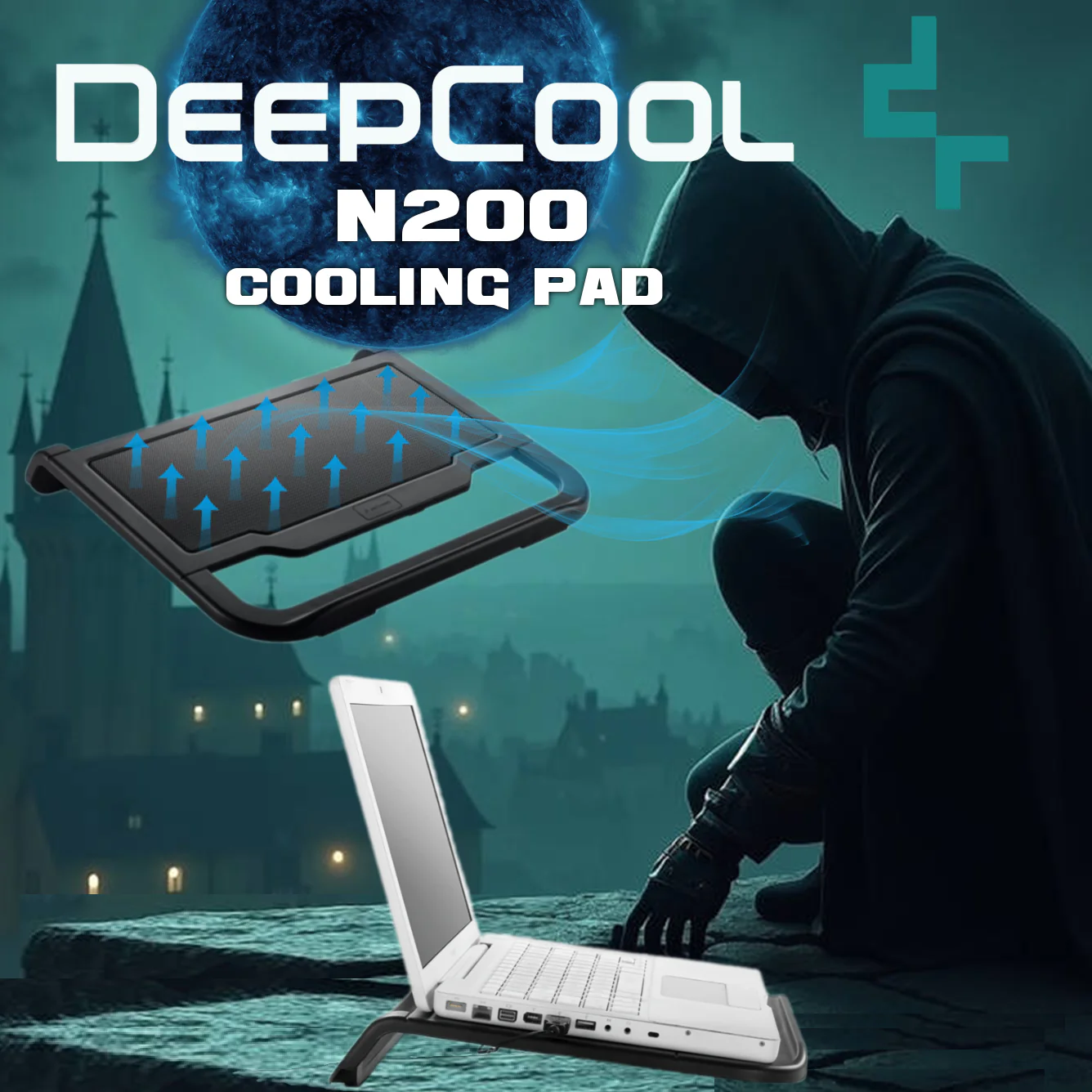 DP-N11N-N200 DEEPCOOL N200 ALUMINUM MESH PANEL BLACK LAPTOP COOLER DeepCool N200 Laptop Cooler Black With 120mm Silent Fan, Aluminum Mesh Panel, Anti-Slip Bar, USB Passthrough, And Hydro Bearing For Efficient Cooling for Laptops up to 15.6 inches | BLACK 