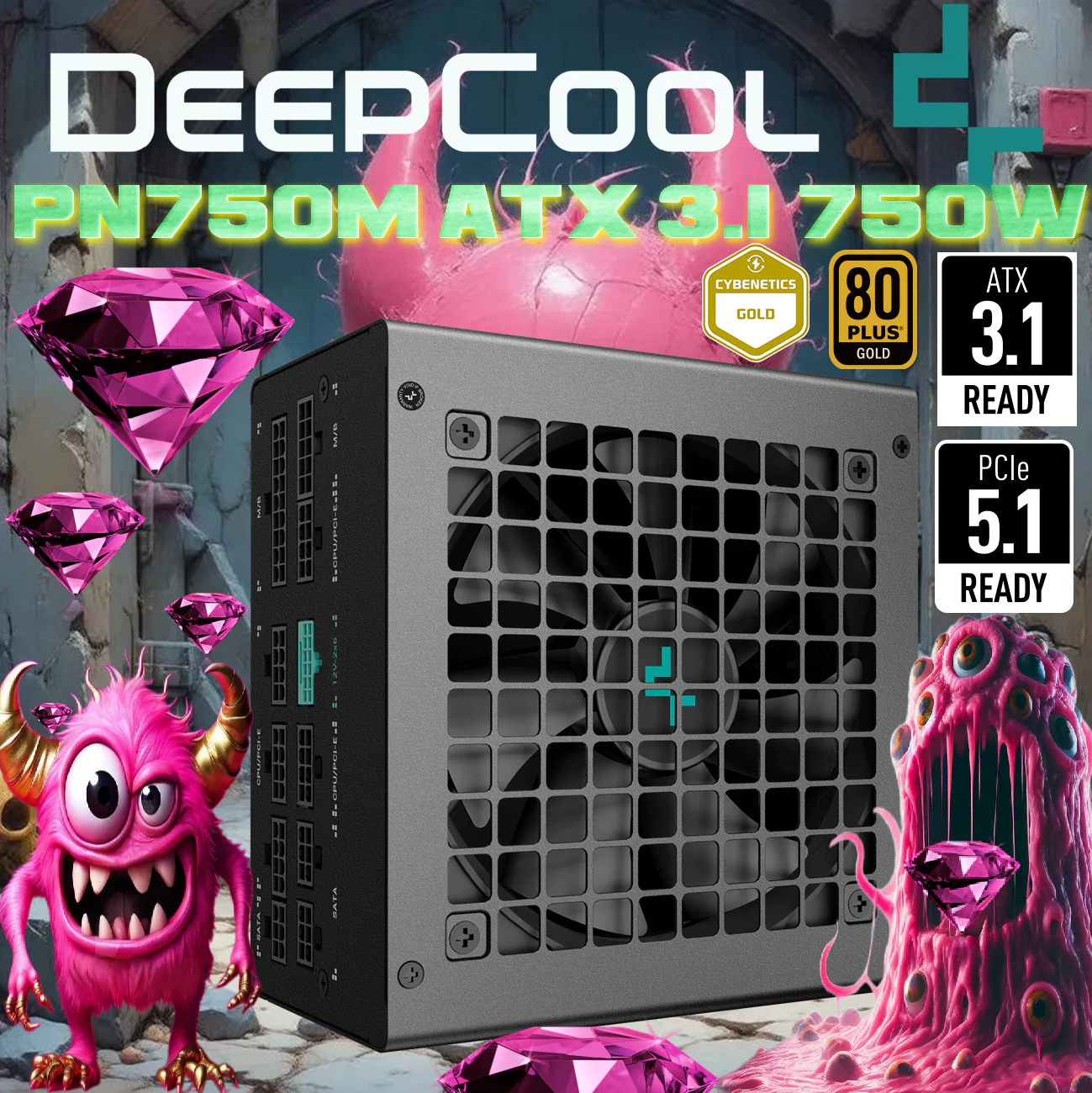 R-PN750M-FC0B-EU DEEPCOOL PSU PN750M ATX12V V3.1 80PLUS GOLD 750W F.MODULAR BLACK DeepCool PN750M 750W Power Supply With ATX 3.1, PCIe 5.1, 80 Plus Gold, Cybernetics Gold, 120mm FDB Fan, 450W 12V-2x6 GPU Cable, Japanese Capacitor, Compact 140mm Design | BLACK