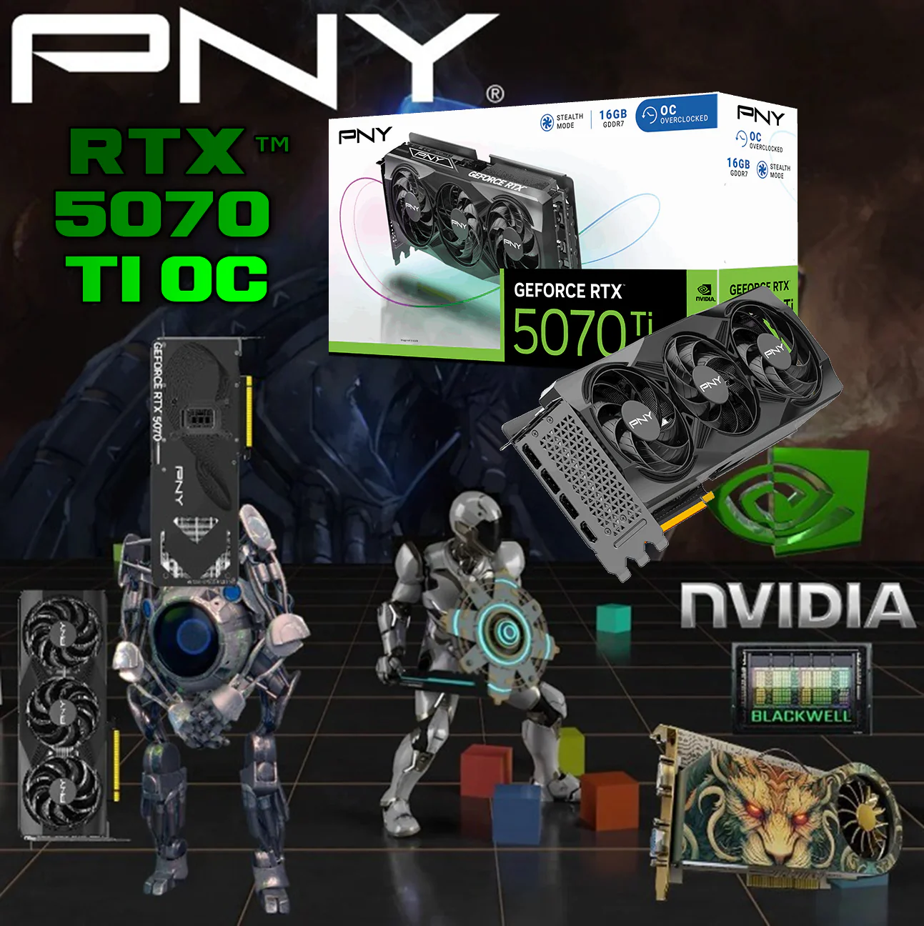 VCG507016TFPB1-O PNY RTX 5070TI OC 16GB 3X STEALTH MODE PNY GeForce RTX 5070 Ti OC 16GB GDDR7 Triple Fan 256-bit GPU With Blackwell Architecture, 8960 CUDA Cores, 28Gbps Speed, PCIe 5.0, 300W TDP, 4x Display Output, RGB Lighting , Stealth Mode | BLACK