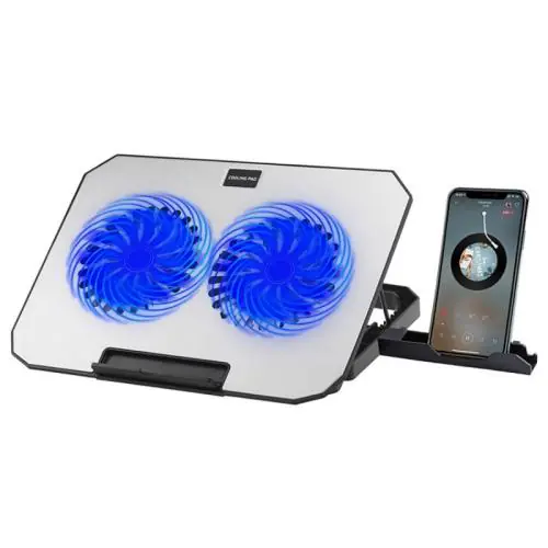 Laptop Cooler N22 – Dual 14cm LED Fans | Dual USB Ports + Phone Holder | Ultra-Thin Metal Mesh Cooling Pad