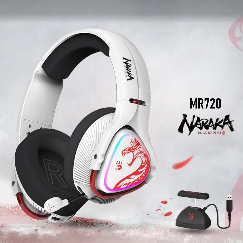 BLOODY NARAKA MR720 RGB Wireless Gaming Headset – 2.4GHz + BT 5.3 + 3.5mm, 50mm M.O.C.I. Drivers, Noise-Cancel Mic, 44H Playtime, RGB, Foldable – White