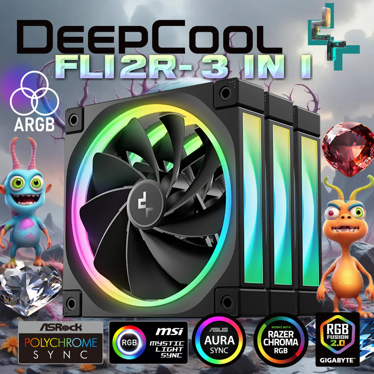 R-FL12R-BKAPN3-G DEEPCOOL FAN FL12R ARGB 3IN1 120×120×25 mm 3-PIN 5V - BLACK DeepCool FL12R 120mm ARGB Reverse Blade 3 Fans , 500–2150 RPM, 55 CFM, ≤33.9 dB, Fluid Dynamic Bearing, Gen2 LEDs, PWM + ARGB Sync 8-Pin, Anti-Vibration, Durable PBT Frame | BLACK 