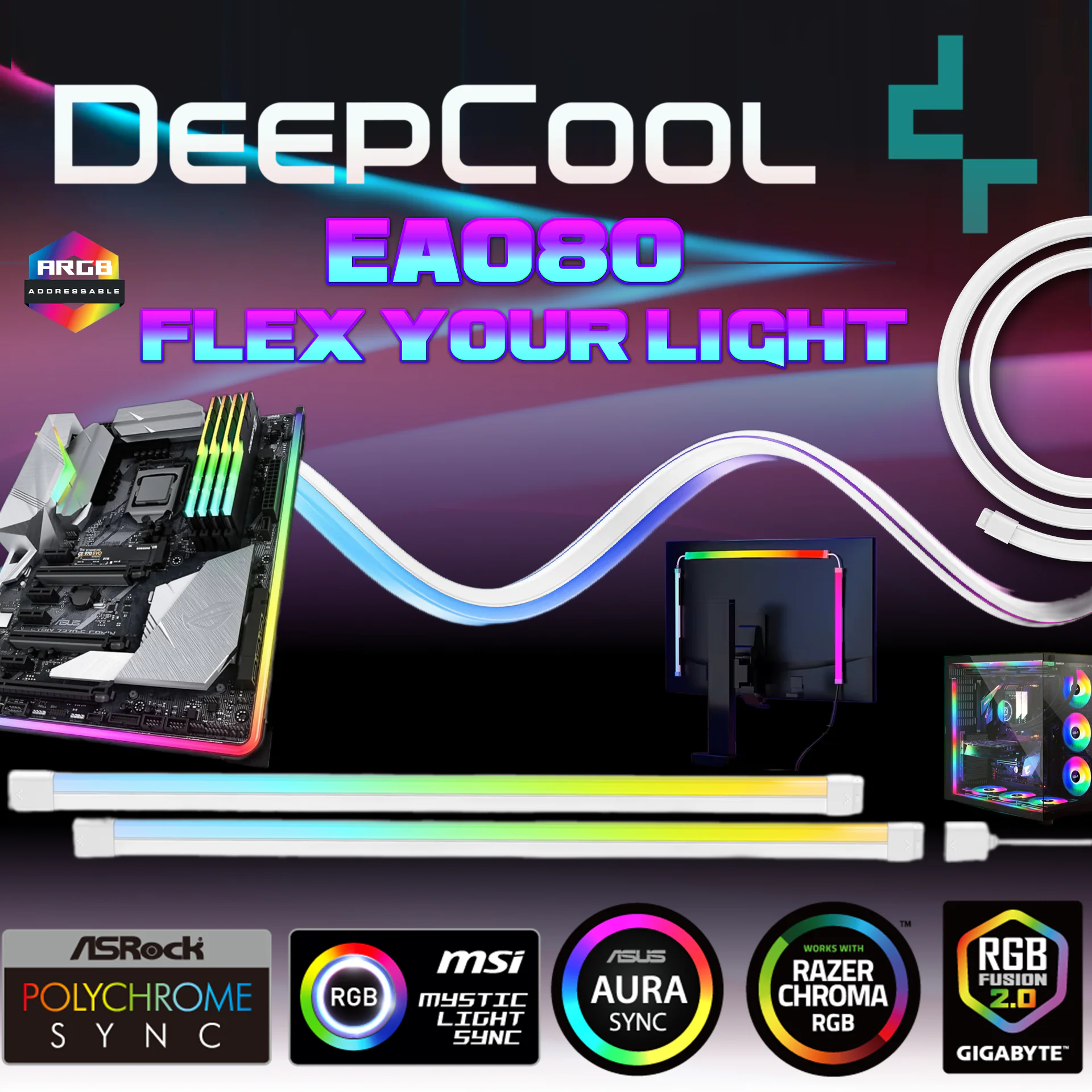 EA080 DEEPCOOL EA080 LUMINOUS ARGB 3-PIN STRIP 40mm WHITE DeepCool EA080 ARGB Light Strip Kit With 2×400mm Flexible SMD3535 LED Strips, 30×2 LEDs, Diffused Silicone Design, Sync Support, Mounting Clips, And 3M Adhesive | WHITE