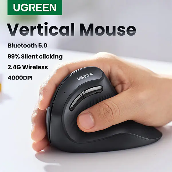 UGREEN MU008 Vertical Mouse – Wireless Ergonomic 57° Design, Bluetooth + 2.4G, 4000DPI, 5 Buttons, Noise-Reducing – For PC, Laptop & Tablet - Black