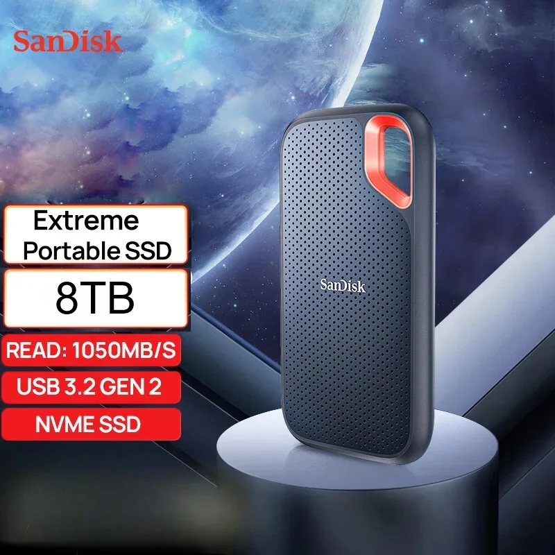 SDSSDE61-8TOO-G25 SANDISK EXTREME PORTABLE SSD 8TB 1050MB/S SanDisk 8TB Extreme Portable SSD, USB-C USB 3.2 Gen 2, External NVMe Solid State Drive, up to 1050 MB/s, IP65 rated for dust and water resistance SDSSDE61-8TOO-G25