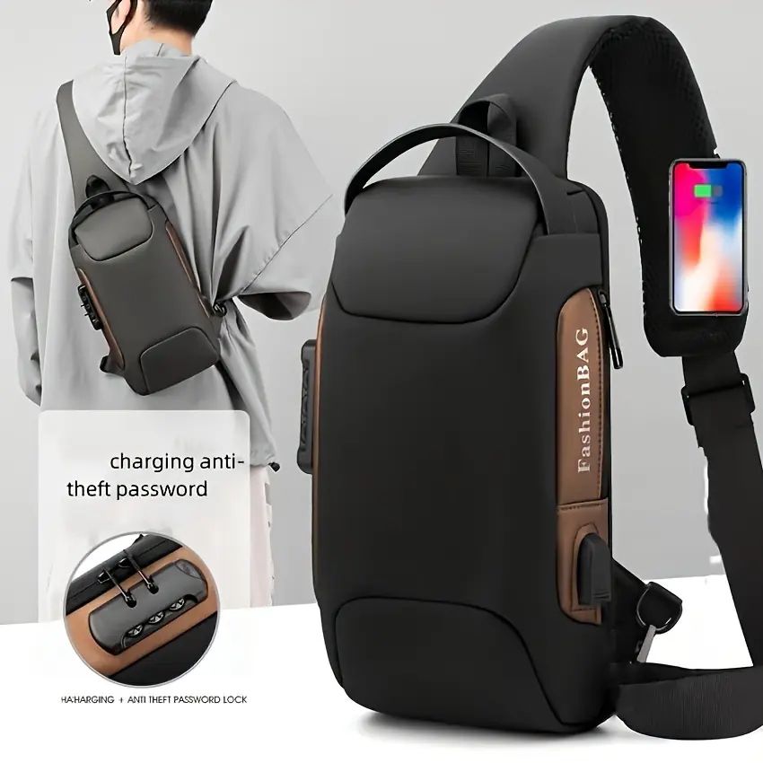 EZ EXP032 Chest Bag – USB Charging, Waterproof, Anti-Theft Sling for Daily & Travel Use |  Gold-Black