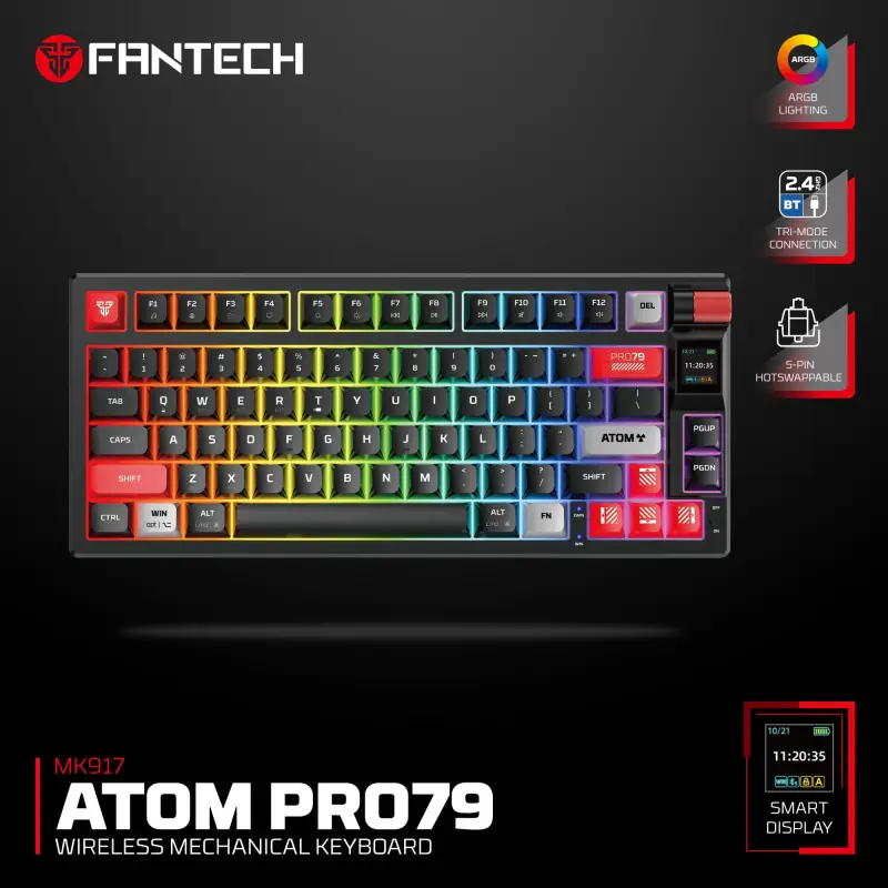 FANTECH MK917 ATOM PRO79 ATOM PRO WIRELESS MECHINICAL KEYBOARD FANTECH MK917 ATOM PRO79, 3 Modes: Bluetooth, Wireless & Wired, Built-in Battery, Mechanical Gaming Keyboard Fantech MK917 ATOM PRO79 Tri-Mode Wireless Mechanical Gaming Keyboard – Wireless & Wired, 79 Keys, Hot-Swappable, RGB, Smart Display, Rotary Knob , Built-in Battery, RED SWITCH | BLACK