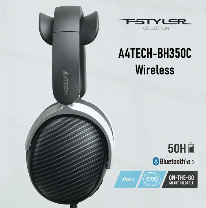 A4TECH BH350C Wireless Headset – Bluetooth v5.3, 50H Playtime, Active Noise Cancelling, ENC Mic, M.O.C.I. Dome Tech, Foldable Design, Protein Leather Earpads, Black