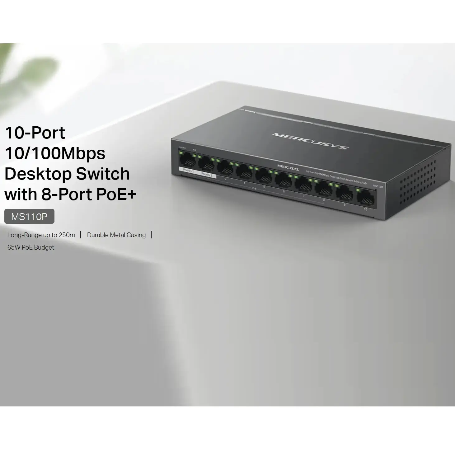 pp0om Mercusys MS110P 10-Port 10/100Mbps Desktop Switch with 8 PoE+ Ports, 65W Power Budget, 250m Long-Range, Plug & Play, PoE Auto Recovery - Image 1