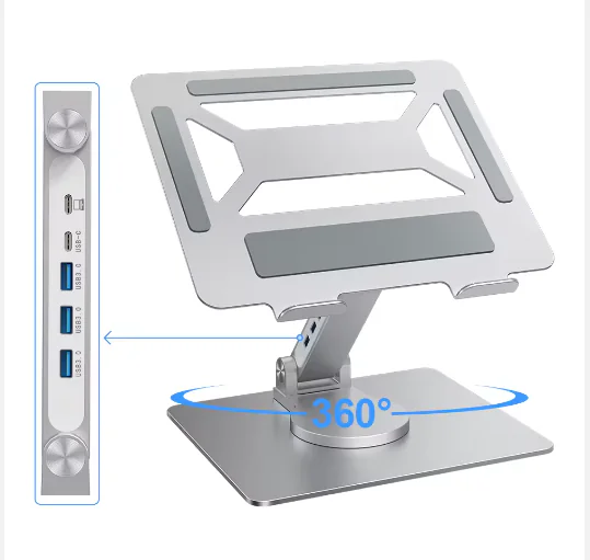 q2qA1Wq7tfGtIBKsSbdDSior8z9dwRM2Z1rOvy7m E17SU Premium Rotatable Laptop Stand – 360°, Adjustable Height/Angle, Dock with 3×USB3.0 + 2×Type-C, Fits 11"-17", Ergonomic Design, Silver - Image 1